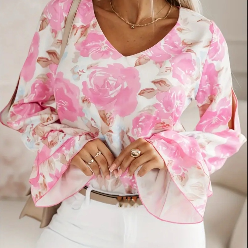 White and Pink Floral Flutter Sleeve Blouse with open sleeves